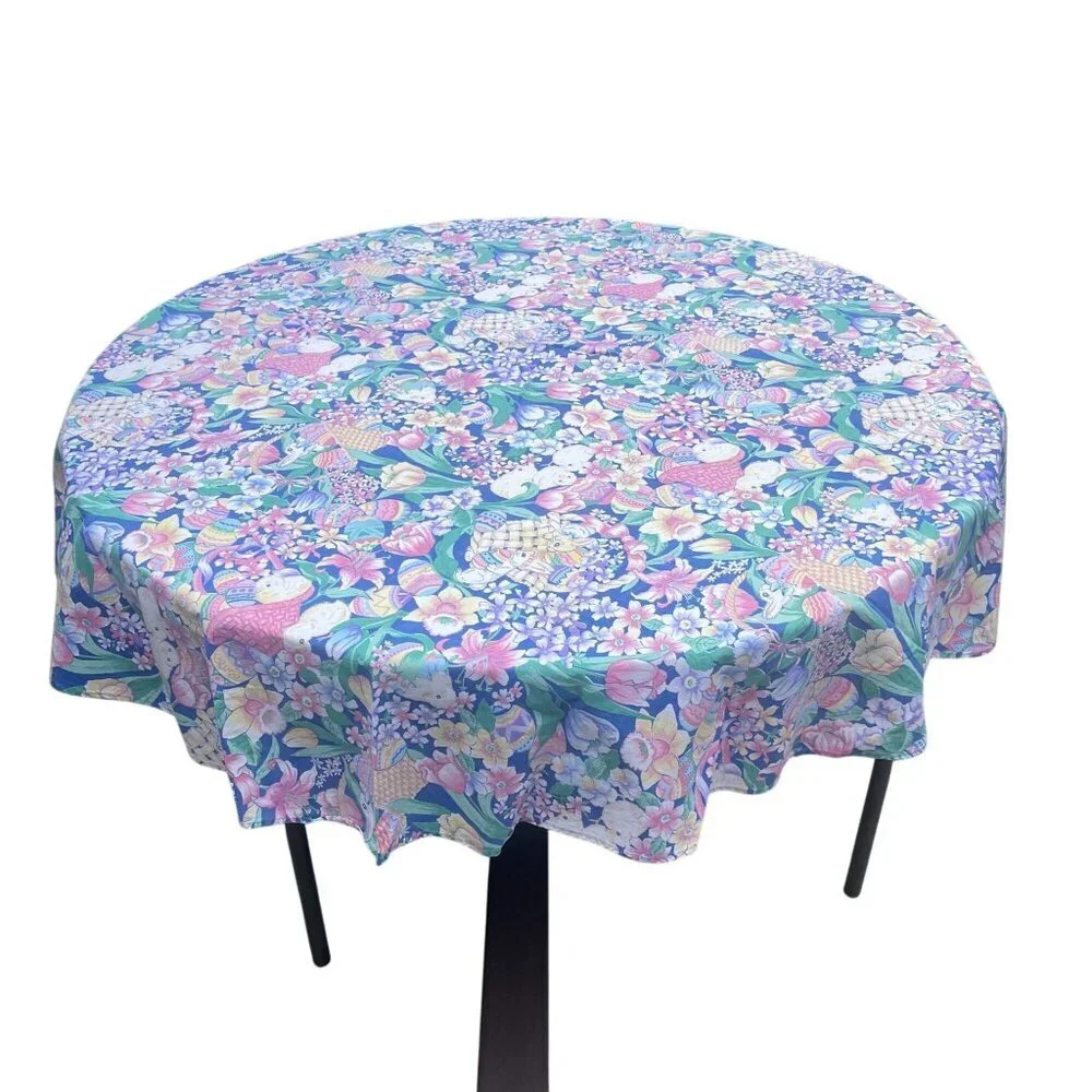 Fashion Industries Round Blue Cotton Tablecloth Easter Bunnies Eggs Floral Desig